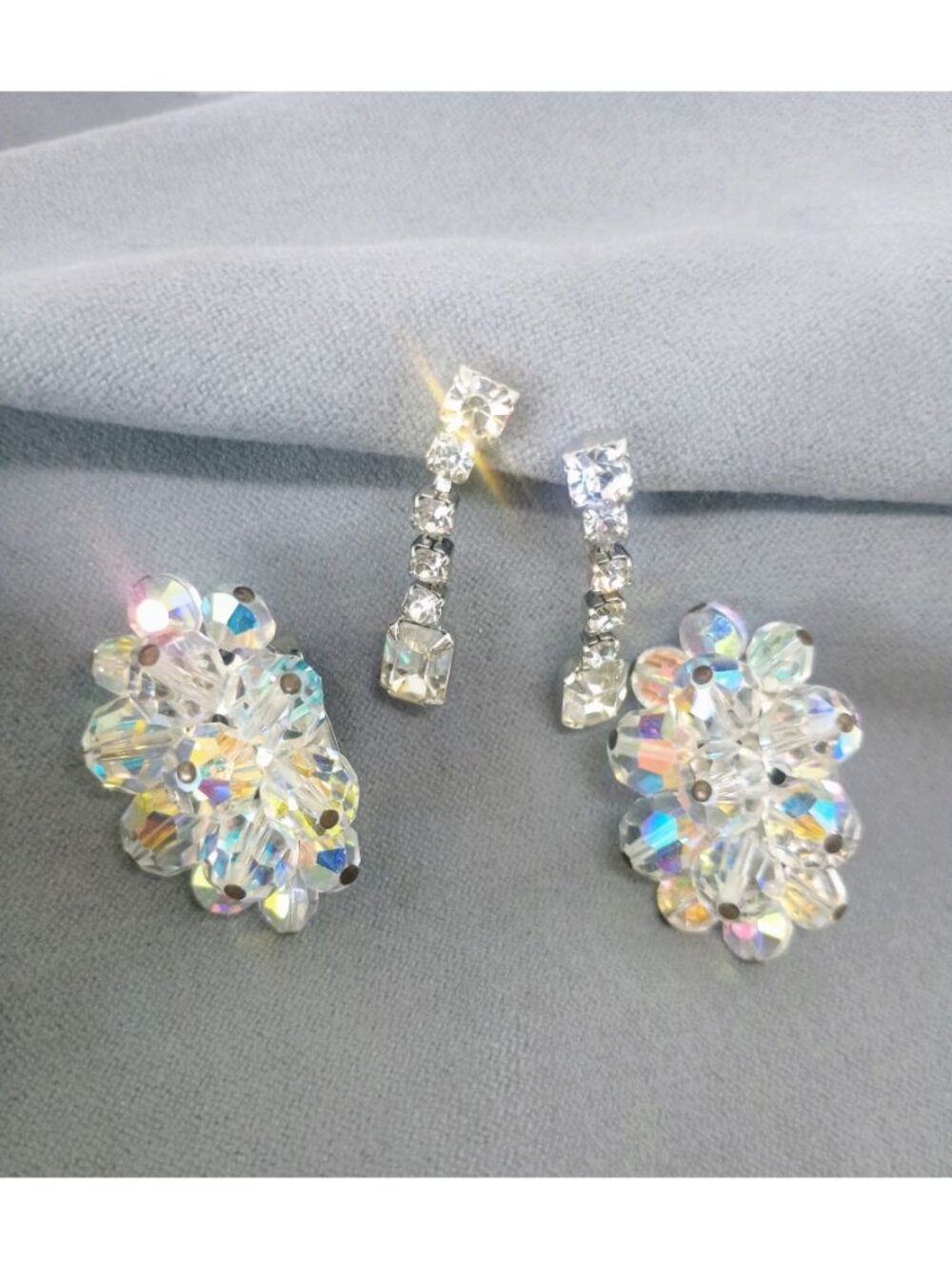 Vintage Crystal Aurora Borealis & Rhinestone Screw Back Clip-On Cluster Earrings